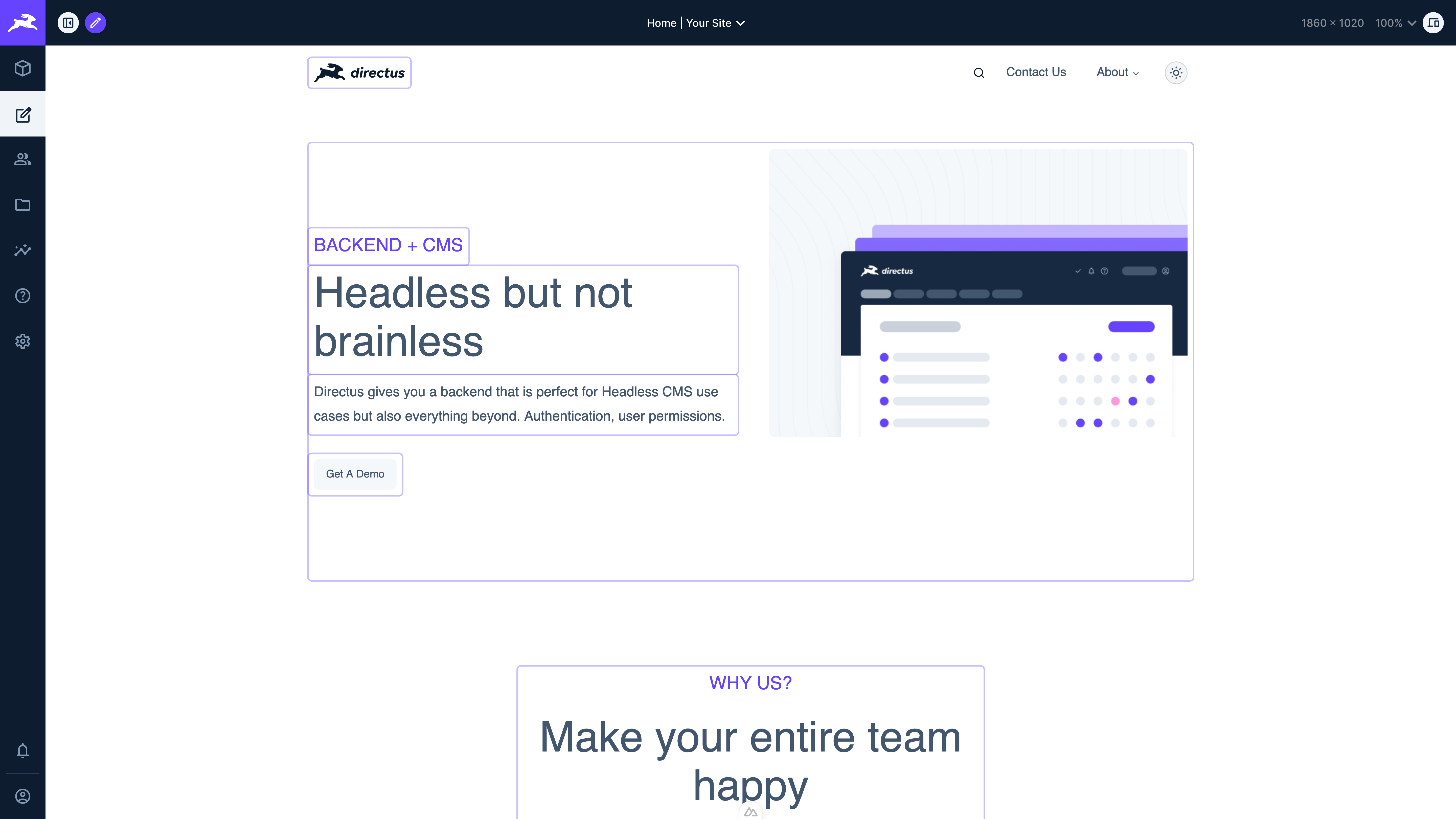 An image of the visual editor module open on a page with all editable items highlighted